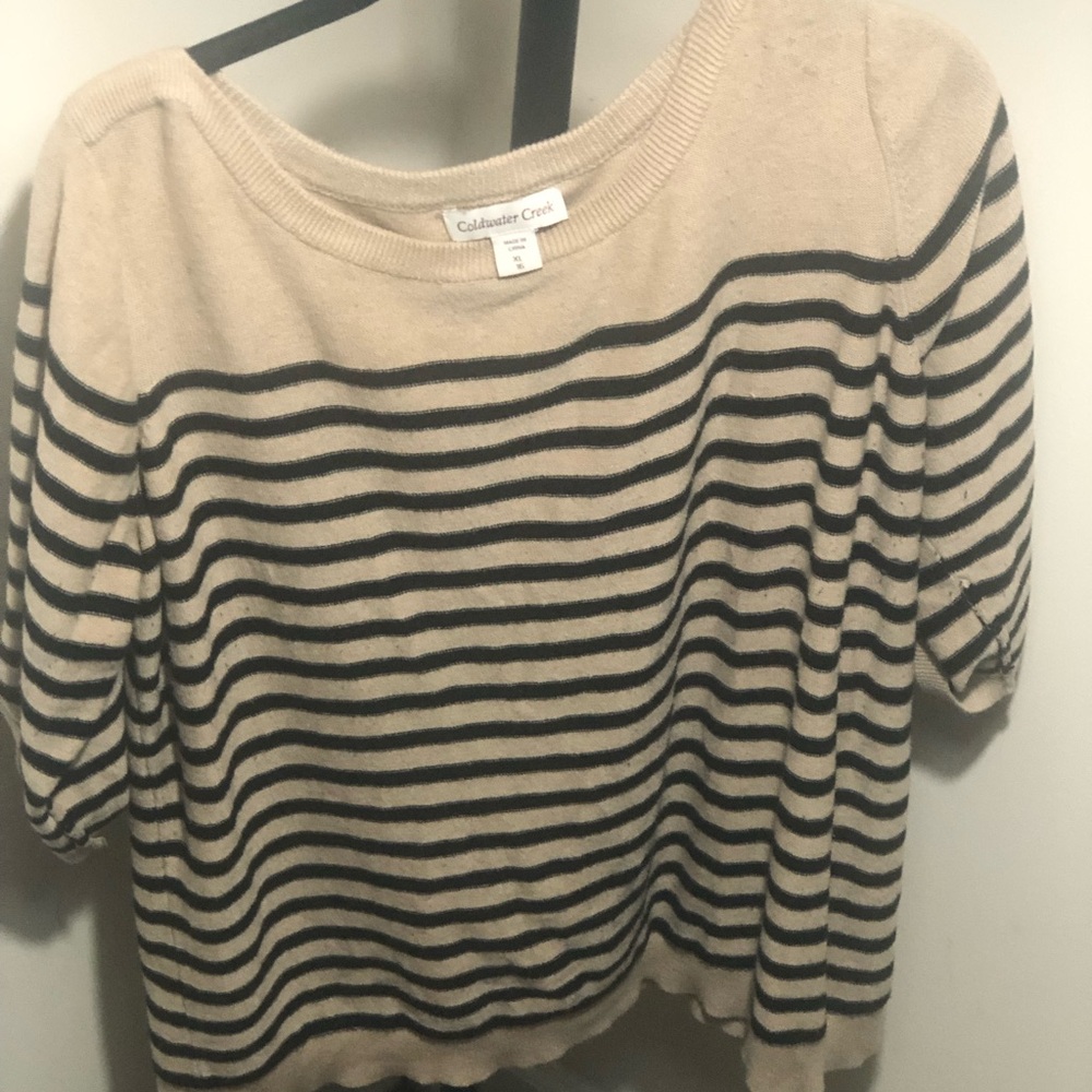 Coldwater Creek Beige and Black Striped Short-Sleeve Knit Top